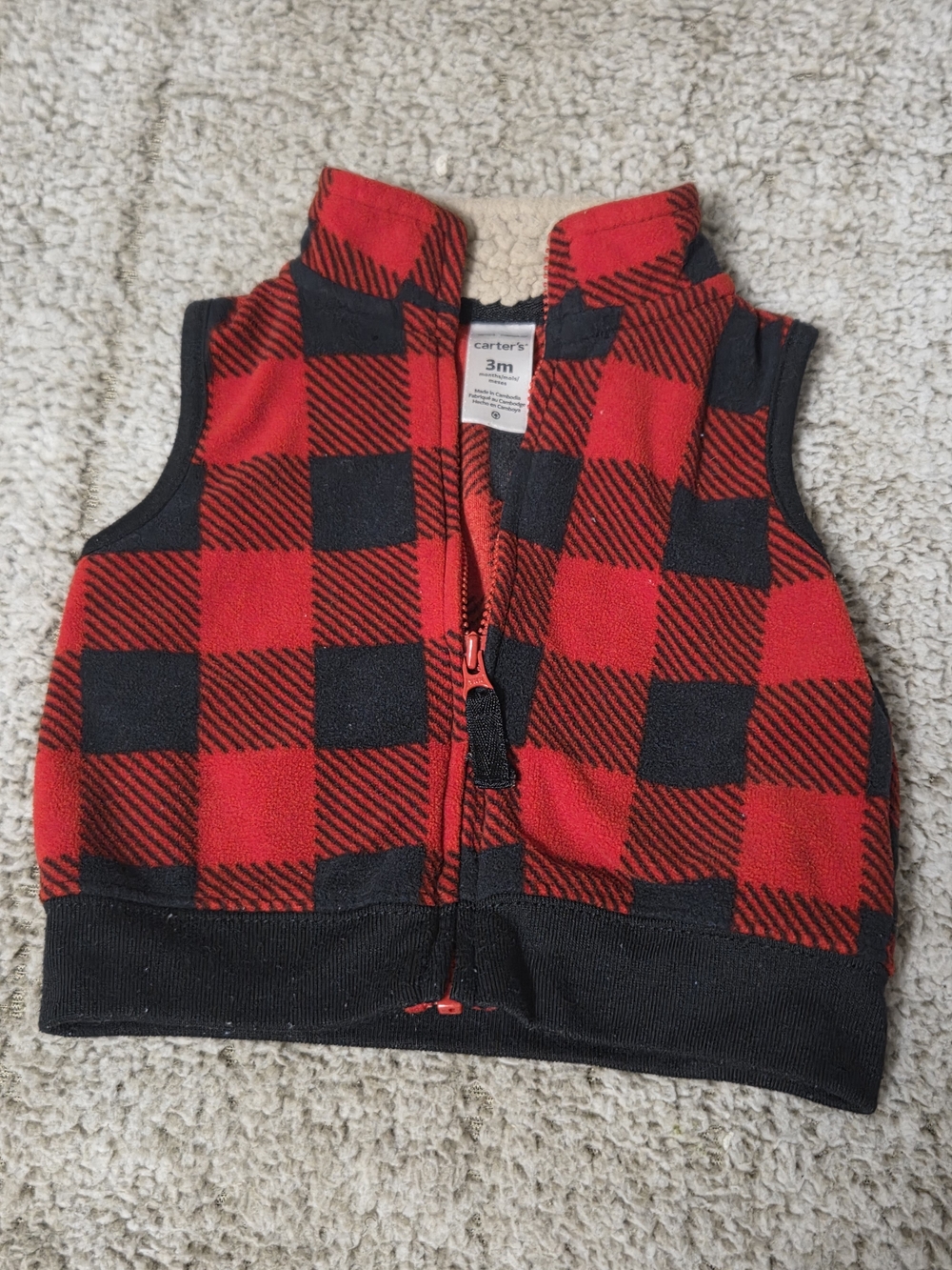 Carter's Red & Black Buffalo Plaid Fleece Vest - Infant Size 3 MONTH